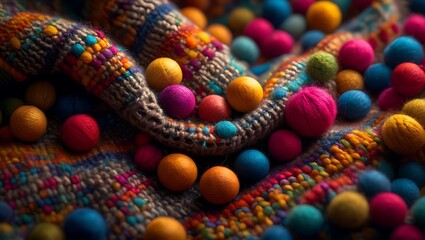 Vibrant knitted texture with colorful yarn balls and artistic composition