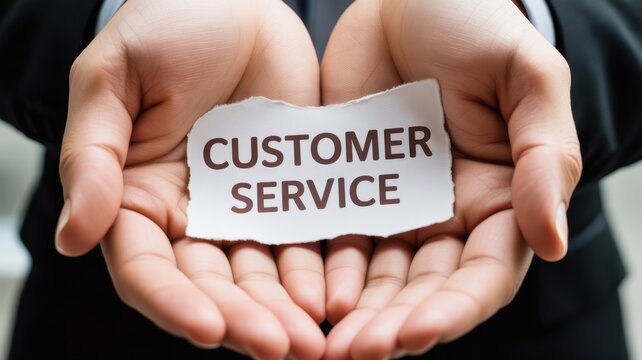 Hands Holding Customer Service Note: A pair of hands tenderly cradles a small note bearing the words Customer Service, symbolizing care, support, and dedication to client satisfaction. 