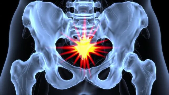 Pelvic Pain Animation Medical Visualization of Hip Bone with Red Pain Radiating