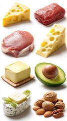 Keto diet ingredients, cheese, meat, butter, nuts, avocado, isolated on white background, 8k high resolution. 
