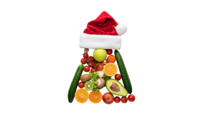 A cheerful Santa Claus cap with a Christmas tree shape Fresh, healthy fruits and vegetables isolated on a white background for a juicy, vitamin-rich diet
