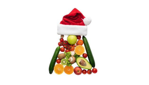 A cheerful Santa Claus cap with a Christmas tree shape Fresh, healthy fruits and vegetables isolated on a white background for a juicy, vitamin-rich diet