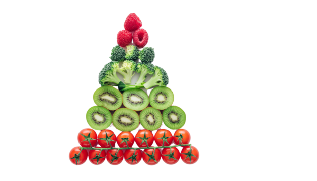 Triangle Shape Fresh, healthy fruits and vegetables isolated on a white background for a juicy, vitamin-rich diet