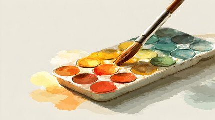 Beautiful watercolors in palette with a brush resting beside it, featuring vibrant colors and artistic composition ideal for creative inspiration and art-themed designs.
