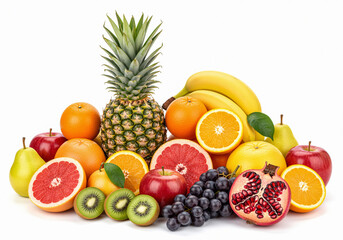 Fresh Assorted Fruits on White Background