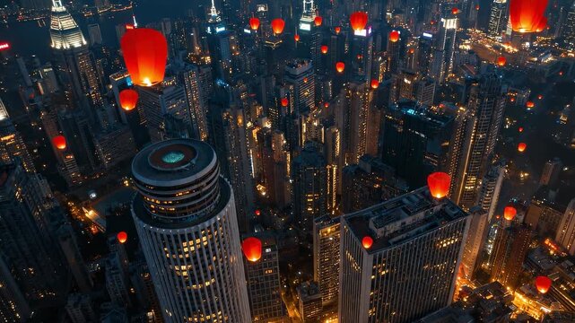 Ultra hight quality video. Aerial drone shot video of Hong Kong city skyscrapers at Chinese red lanterns festival and new year. 