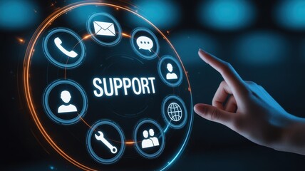 The Guiding Light: A close-up shot of a hand interacting with a glowing user support interface, representing accessibility and assistance. The touch of a finger ignites the symbol.