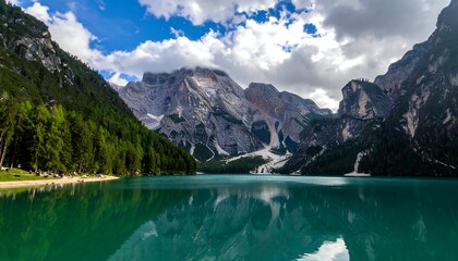 Stunning alpine lake reflecting towering peaks and fluffy clouds above
