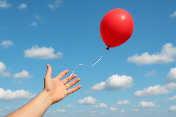 hand holding balloons. hand releasing a red balloon in the sky. Freedom concept