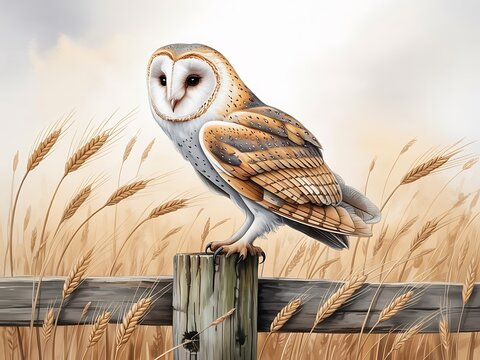 Barn owl perched on wooden fence post in golden field