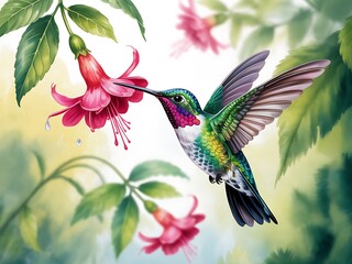 Fototapeta premium Hummingbird feeding on a vibrant pink fuchsia flower