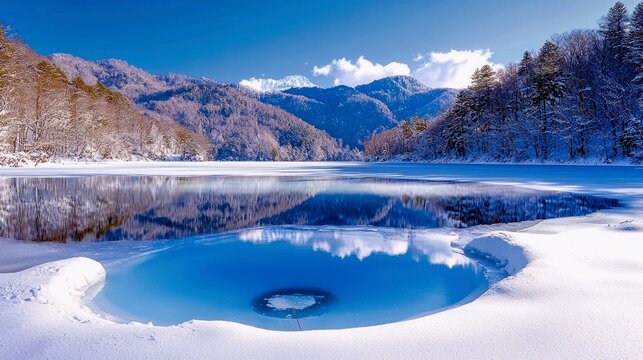 A serene winter scene featuring a lake with patches of ice and open water, surrounded by snow-laden trees and mountains, with reflections in the water.