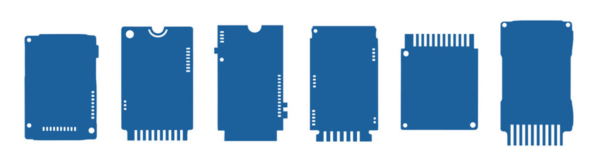 Collection of electronic circuit board shields. Isolated blue components, Vector illustration