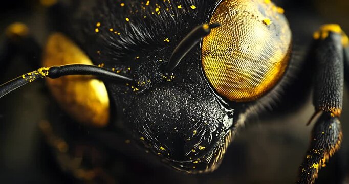 Close-up of a bee covered in pollen, showcasing intricate details and vibrant colors