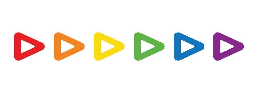 Colorful play button collection. Rainbow color scheme. Media player interface symbol set. Vector.