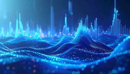A digital visualization showcasing data represented as undulating waves and vertical bars against a dark blue background with glowing particles