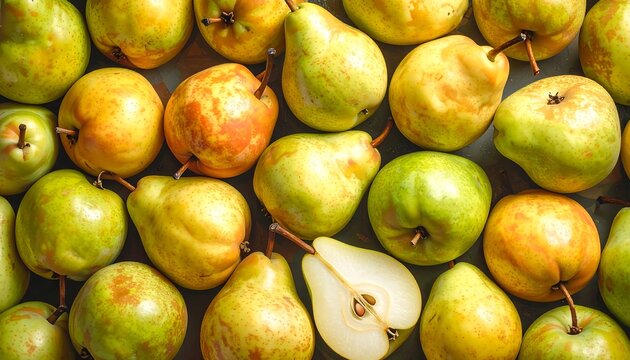 Fresh pears arranged, perfect for food or healthy eating concepts in macro shot