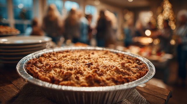 Delicious apple pie in a tin foil container on a wooden table.