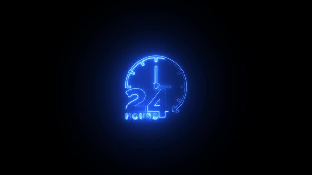 Blue Neon 24 Hours Clock Icon Glowing on Black Background image photo