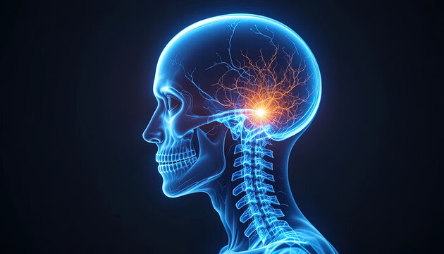 Discover the inner workings of the human brain with this stunning anatomical visualization of neural pathways and skull structure for medical research and education - Powered by Adobe