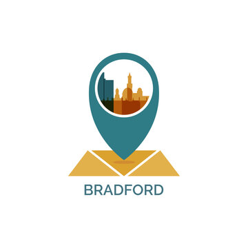 UK England, Bradford icon of map pin pointer, geolocation, skyline shape. Vector logo, isolated clip art. United Kingdom, West Yorkshire web symbol with landmarks and buildings