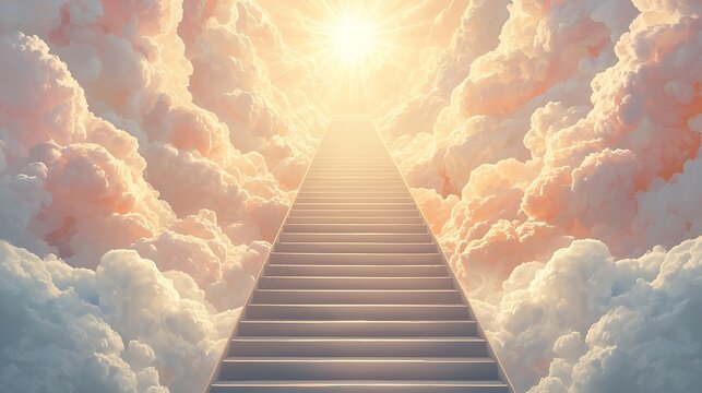 Stairway to heaven ascending through ethereal clouds towards bright light