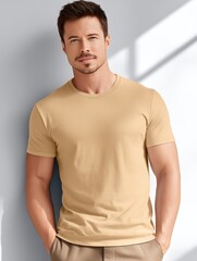 Obraz premium Lifestyle fashion mockup of a person wearing a plain beige t-shirt and casual trousers, standing in a minimal studio environment, natural daylight, photorealistic, high detail, clean composition,