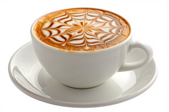 White Cup of Coffee With Latte Art on a Saucer on a Black Background cappuccino espresso isolated on a transparent background