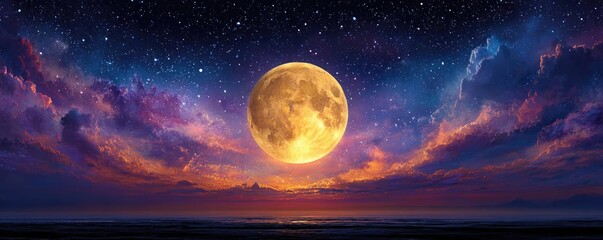 Large golden moon with starry night painting concept. Stunning night sky with a glowing moon and colorful clouds.