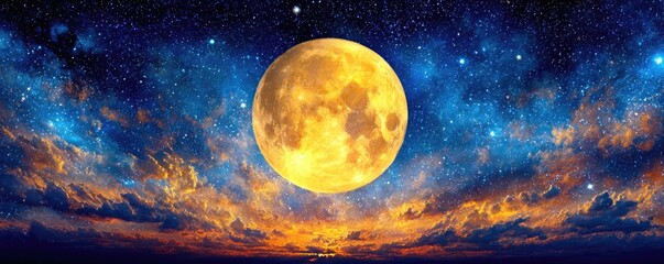 Large golden moon with starry night painting concept. Stunning night sky featuring a bright full moon and colorful clouds.