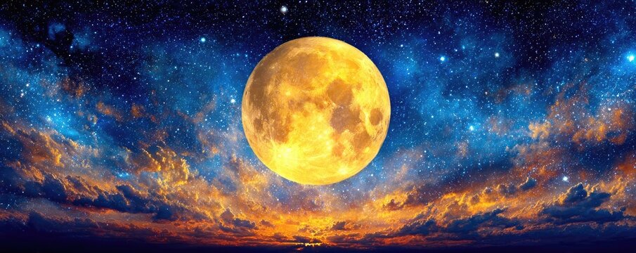 Large golden moon with starry night painting concept. Stunning night sky featuring a bright full moon and colorful clouds.