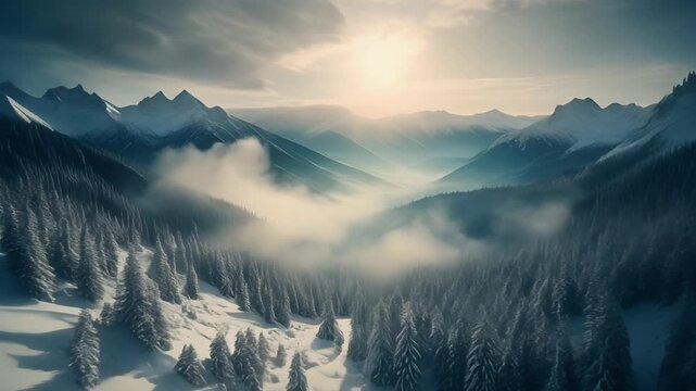 A cinematic landscape of snow-covered mountains under a pale winter sun