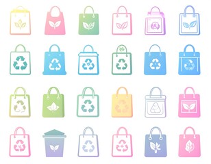 A collection of various tote bags featuring vibrant gradients and eco-friendly symbols. The designs showcase leaves and recycling icons
