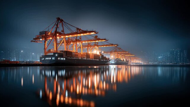 Busy Port Cargo Ship Loading and Unloading Operations at Night