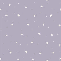 Minimalistic pattern with stars on a purple background. Small white stars in a sky. Childish baby cute drawing, seamless background. Soft pastel colors. Can be used for fabric, textiles, printing.