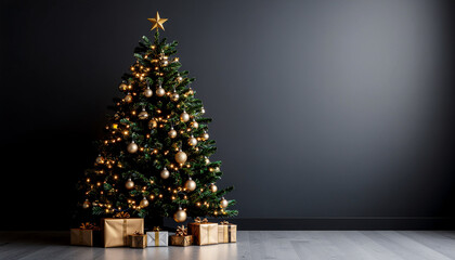 Minimalist Christmas tree decoration with elegant golden ornaments dark green pine branches