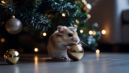 A cute hamster in a cozy living room near a Christmas tree is nibbling on a golden ornament