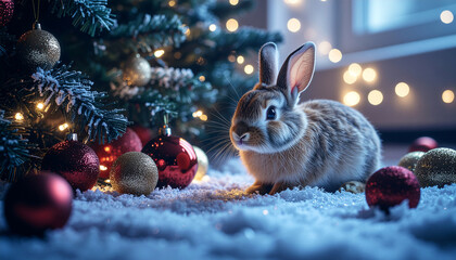 Playful brownrabbit biting a Christmas tree ornament, cheerful and cute holiday atmosphere