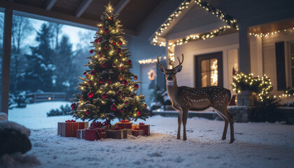 A playful deer near a Christmas tree decorated with red and gold ornaments inside a festive Christma