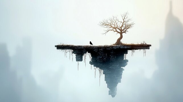 A single, leafless tree stands on a small, rocky island that floats in a misty expanse, with a bird perched nearby and its reflection visible below.