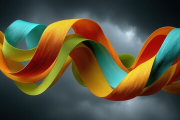 Abstract Colorful Ribbon Flowing Across Dark Cloudy Background