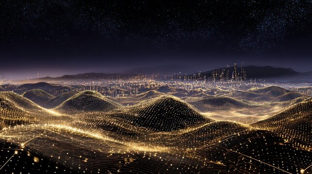 Abstract Golden Nodes Interconnected Landscape with a Distant City and Night Sky