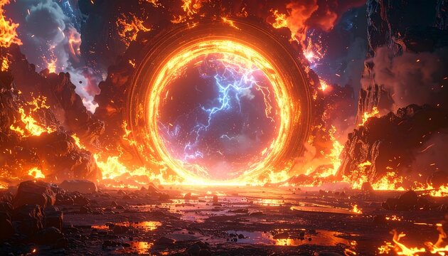 Surreal fiery gateway with lightning, dramatic landscape