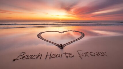 Beach Hearts Forever:  A heartfelt message etched into the sands of a serene beach, with a heart shape embracing the breathtaking colors of a stunning sunset.