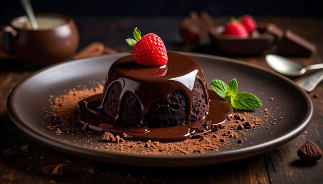 A decadent, rich chocolate dessert with a glossy glaze, garnished with a fresh raspberry and mint, on a dark plate