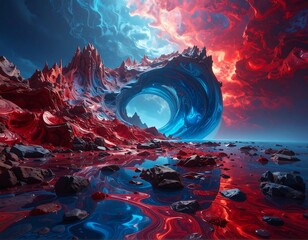 Surreal landscape with red/blue hues, swirling vortex, and rocky foreground