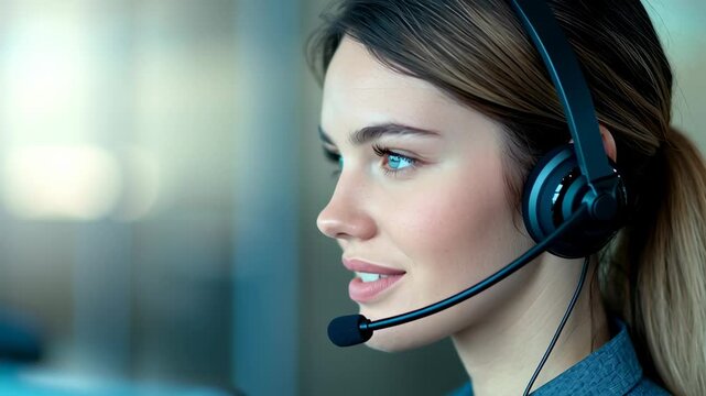 A woman wearing a headset in a call center environment.