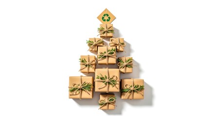 Eco-friendly Christmas gifts arranged like a tree convey sustainable holiday cheer, perfect for environmentally conscious marketing campaigns and holiday promotions