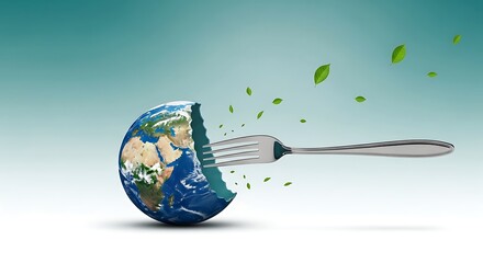 Fork eating the earth, symbolizing global food consumption and environmental impact