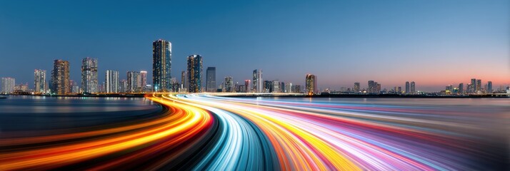 Dynamic Data Streams Illuminate City Skyline at Dusk With Vibrant Lines of Motion